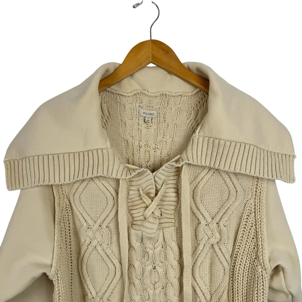 ANTHROPOLOGIE Pilcro Cable Laced Twofer Sweater Creme Size Large Neutral Lace up - Picture 6 of 14